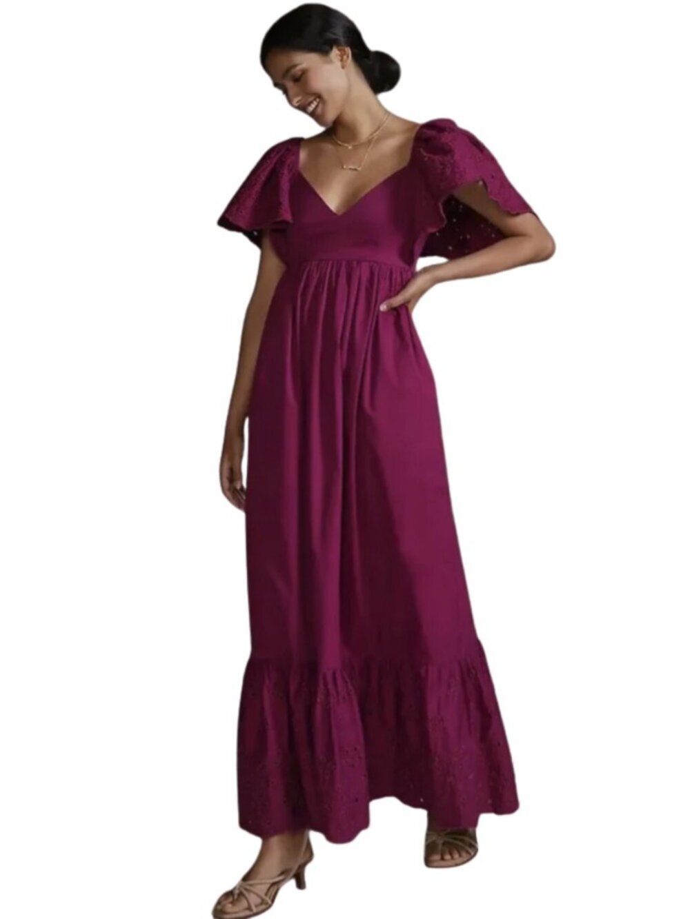 Anthropologie En Saison Flutter-Puff Sleeve Maxi Dress Cottagecore Purple Small